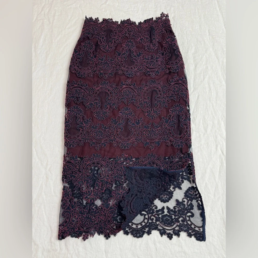 Sandro Paris Lace Overlay Burgundy & Blue Midi Pencil Skirt Size 2 Designer